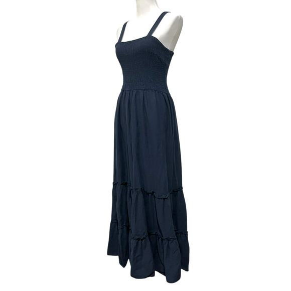 Falls Creek Linen Blend Dress Navy Blue Tiered Smocked Midi Womens Sz Large - Picture 3 of 9